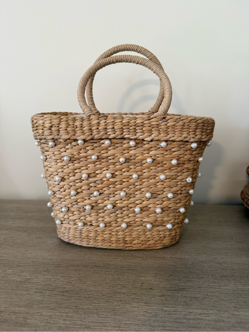 Pearl-Embellished Woven Straw Tote in Natural